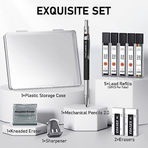 Four Candies 2MM Mechanical Pencil Set with Case, Metal, 60 Lead Refills