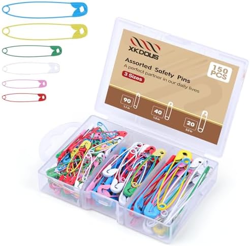 XKDOUS Safety Pins - 150 Pcs Assorted Sizes 6 Color Pins Bulk