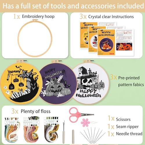 Ohcol 3 Sets Halloween Embroidery Kit,Needlepoint Kits for Adults with Clear Instructions