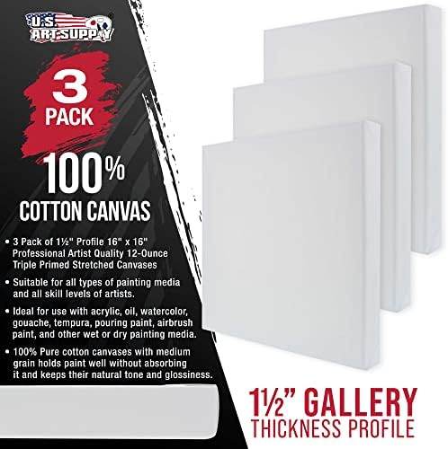 U.S. Art Supply 16"x16" Stretched Canvas for Painting, Gallery Depth 3-Pack | Large, 1-1/2" Thick - 12oz Acrylic Gesso Triple Primed, Professional Artist Quality, 100% Cotton - Oil, Pouring Paint