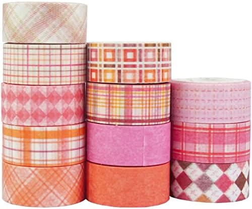Basic Grid Washi Tape Set 12 Rolls Plaid Decorative Masking Tapes for Arts, DIY Crafts, Journals, Planners, Scrapbook, Wrapping (Pink)