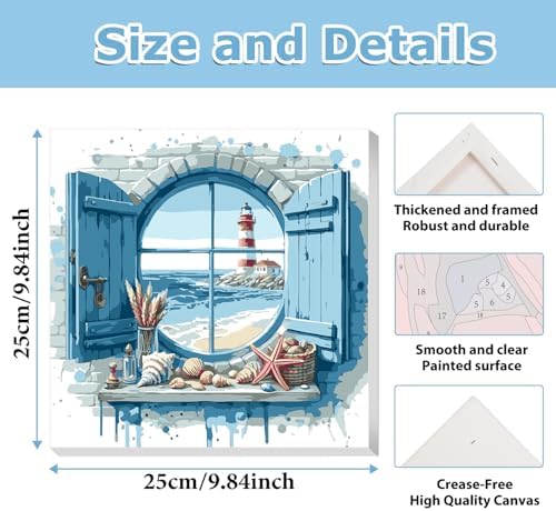 Beach Paint by Numbers Kit for Adults Beginner, Paint by Numbers 10x10 Inch | Framed Paint by Numbers Kit for Adults Beginner with Easel, Acrylic Painting by Numbers, DIY Crafts for Gifts or Home Decor