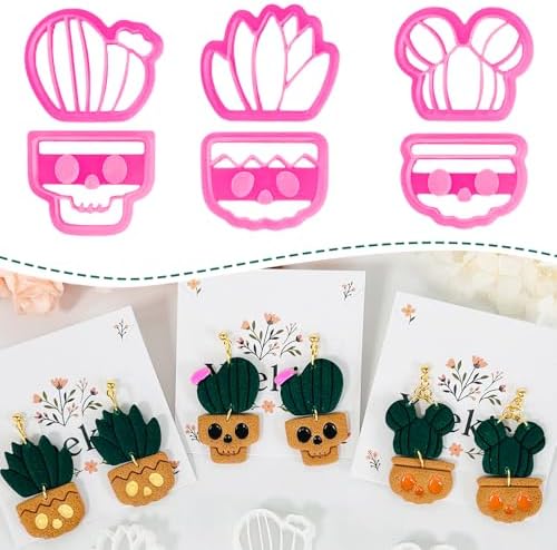 Xaekicr Halloween Cactus Polymer Clay Cutters – 6Pcs Skull Plant Clay Earring Cutters for DIY Halloween Jewelry – Cute Clay Tools for Polymer Clay Crafts
