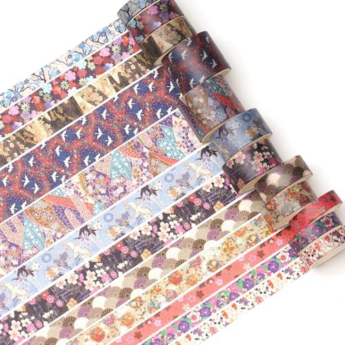 12 Rolls Kyoto Charm Washi Tape Set Japanese Arts Adhesive Tapes Geometric Garden Decorative Masking Tape Sets for Craft, Kids, Scrapbook, DIY, Gift Wrapping (Purple Sakura)