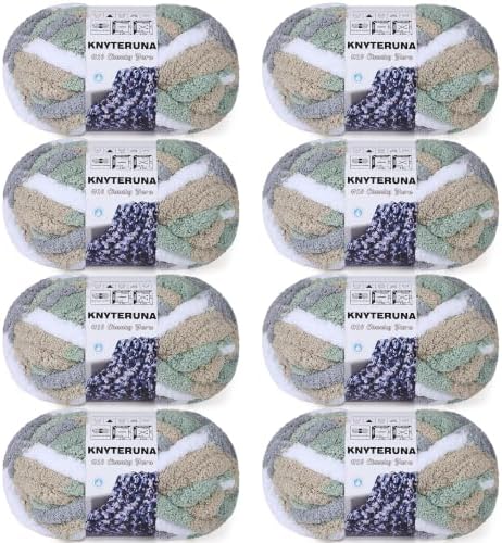 Chunky Yarn for Hand Knitting, #10 Chunky Blanket Chenille Yarn, Bulky Thick Jumbo Yarn, Super Chunky Knit Yarn for Crocheting, 8 Skein (8oz,20yds Each Skein), Tie Dye Cream&Sage&Grey&Khaki