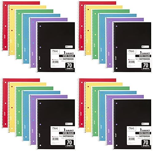 Mead Spiral Notebook, 24 Pack, 1 Subject, Wide Ruled Paper, 7-1/2" x 10-1/2", 70 Sheets per Notebook, Colors Will Vary (930203-ECM25)