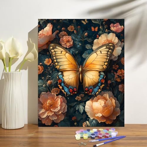 obterie Butterfly Paint by Numbers Kit for Adults Beginner Flower Oil Painting Kit Adult Paint by Number Kits on Canvas DIY Painting for Beginners Art by Numbers for Gifts Home Wall Decor 16x20 Inch
