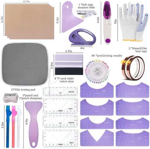 DNSGOOR Sublimation Shirts Tool Kits for Vinyl Alignment,Portable Pad for Ironing,T-Shirt Rulers Guide and Teflon Sheet for Cricut Heat Press HTV Vinyl Center Designs,Craft Sewing Accessories