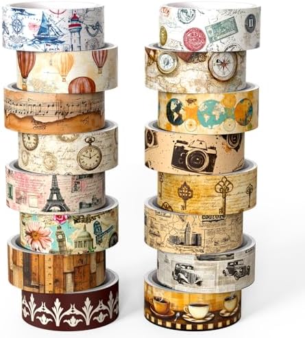 Vintage Washi Tape Set, 16 Rolls, Multicolored, 3m x 15mm, Travel Themed Designs, Ideal for Scrapbooking, Journaling, Gift Wrapping