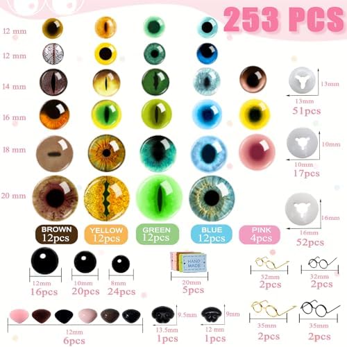 CSCHENGO 8-20mm 253 PCS Amigurum Safety Eyes for Crochet Animals, 3D Glitter Glass Eyes for Crafts Kit with Noses/Glasses/Leather Tags,Doll Crochet DIY Crafts Stuffed Animals Making Supplies