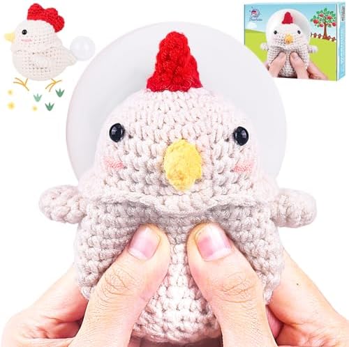 Crochetta Crochet Kit for Beginners, Squeeze Bubble Amigurumi Crocheting Kits w Step-by-Step Video Tutorials, Knitting Starter Supplies for Adults Kids, Anxiety Relief Bubble Chicken (40%+ Yarn)