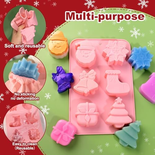 Christmas Soap Molds, 2 Pack Christmas Theme Silicone Mold 12 Cavity | Snowflake Soap Mold for Lotion Bar Candle, Baking Mold for Chocolate, Xmas Tree Santa Claus Socks Gift Box Jingle Bell