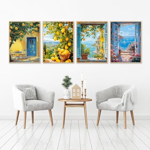 Clendo 4 Packs Summer Scene Paint by Numbers Kits for Adults, DIY Lemon Tree Adult Paint by Number Kits on Canvas, Digital Oil Number Painting for Home Decor (12x16 Inch)