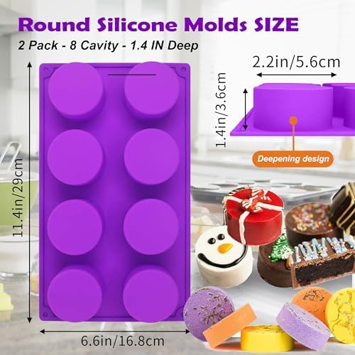 (2 Pack) 8-Cavity Round Silicone Mold for Soap, Cake, Bread, Cupcake, Cheesecake, Cornbread, Muffin, Brownie, and More