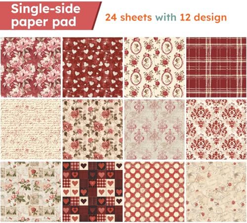 Vintage Red Scrapbooking Paper Pad - 24 Sheets 6in Flowers Aesthetic Patterned Decorative for Decoupage Journals Wrapping Folded Supplies Gift Anniversary Cards DIY Crafts Photo Album Origami