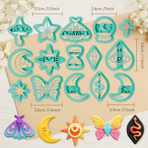 ORIGACH 15 Pcs Mystic Divination Theme Polymer Clay Cutters Set Sun Moon Star Butterfly Shape Earring Clay Cutter DIY Craft Supplies for Earring and Jewelry Making