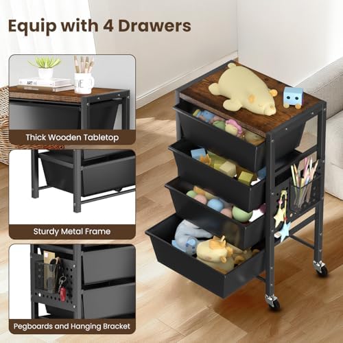 Rolling Cart with 4 Drawers, Plastic Drawer Storage Carts with Wheels & Wooden Tabletop, Metal Utility Cart with Pegboards, Office Living Room Classroom Craft Organization and Storage, Dark Black