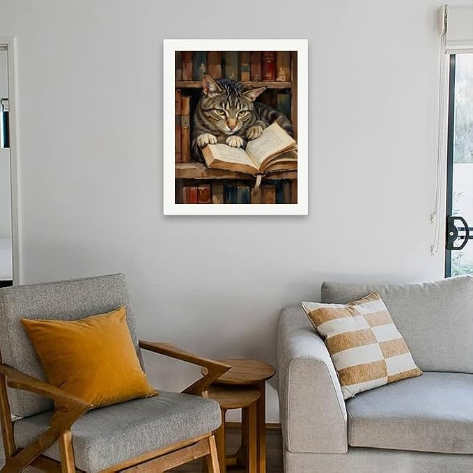 Intellectual Whiskers Paint by Numbers Kit for Adults - DIY Tabby Cat Reading Painting on Canvas 16x20 Inches, Acrylic Paint Set, Suitable for Beginners, Great for Home Decoration or Gifts