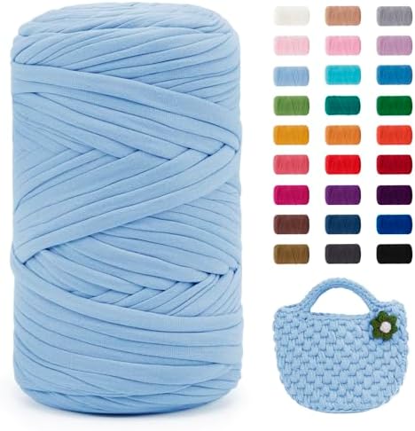 JeogYong T-Shirt Yarn, 400g/131 Yards Elastic Fabric Crochet Cloth T Shirt Yarn, Thick Hand Knitting Polyester Fabric Ribbon for Crocheting Bags/Baskets/Rugs, Home Decor, DIY Crafts (Light Blue)