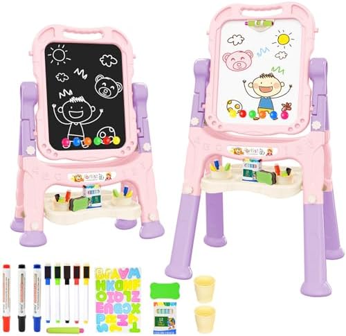 Amagoing Easel for Kids, Adjustable Standing Art Easel for Toddler, Double Side White Chalk Board with Painting Accessories, Birthday Christmas Gift for Little Girls and Boy Age 3 4 5, Pink