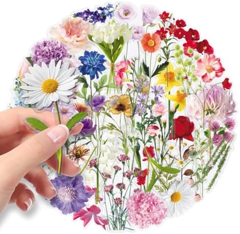 50PCS PET Transparent Floral Stickers, Waterproof Vinyl Fresh Flower Decals for Laptop, Luggage, Skateboard, Phone, Fridge, Trendy Stickers for Teens, Adults, Boys and Girls（Floral）