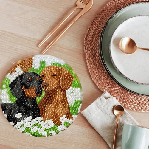 ijbnhd 8 Pcs Cute Dog Diamond Art Coasters Kits, 4x4 inch (Cork Wooden Pad)