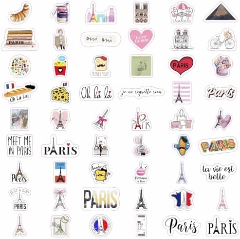 100Pcs Paris Sticker, French Stickers, Eiffel Tower Laptop Decals, Scrapbook & Water Bottles, Paris Party Supplies, Gifts for Women & Men
