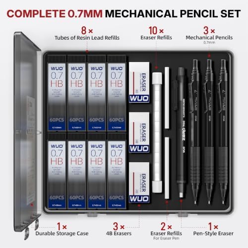 WUO 0.7mm Mechanical Pencil Set, 3 Pack Black Metal Drafting Pencils