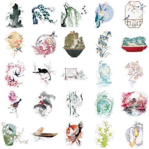 50Pcs Chinese Style Vintage Stickers – Waterproof Pet Floral