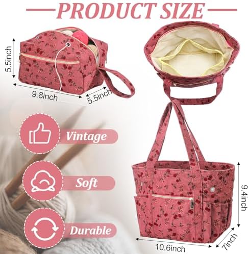 Bulyoou 2 Pcs Crochet Tote and Yarn Bag Set Corduroy Yarn Holder, Flower
