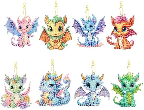 Masendp 8 Pieces Diamond Painting Keychain Cartoon Style Diamond Art Jewelry Double Sided 5D Diamond Painting Kit for Beginners Adult DIY Art Craft Gift Home Decor (Dragon)
