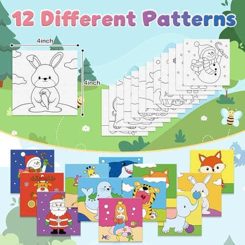 Anseal 12 Packs Pre Drawn Canvas to Paint, 4" X 4" Animal Pre-Printed Canvas Paint Party, Stretched Outline Painting Boards for Beginners, Party Favor
