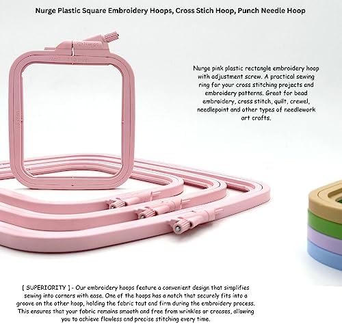 Nurge Square Embroidery Hoop - Plastic Cross Stitch Frame for Needlepoint & Embroidery - Adjustable Craft Hoop - Pink - No:4 (Large)