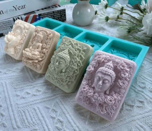 Buddha Lotus Silicone Soap Mold 4 Cavity, Mandala Flower Relief Mold for Handmade Soap, Candle Making & Aromatherapy Crafts, Reusable DIY Mold for Wax, Resin, Plaster, Chocolate and Decorative Gifts