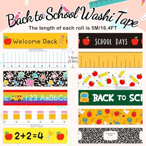 Whaline 12 Rolls Back to School Washi Tape Masking Tape Set Composition Notebook Speckled Pencil Apples Classroom Wrapping Paper Tapes for First Day of School Scrapbook Journal DIY Crafts