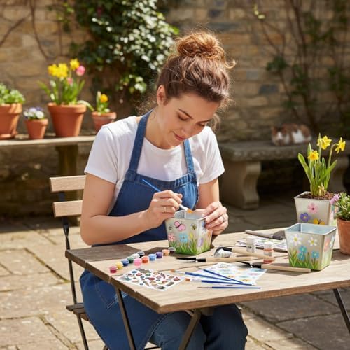 6 Sets Garden Flower Pots Crafts Kit DIY Metal Iron Plant Pots Acrylic Paint Stickers Brushes Plant Labels Gardening Tool Kit for Planting Crafts Mother's Day Graduation Creative Gift