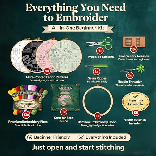 Embroidery Kit for Beginners Adults, 4 Pre-Printed Cloths, 41 Stitches