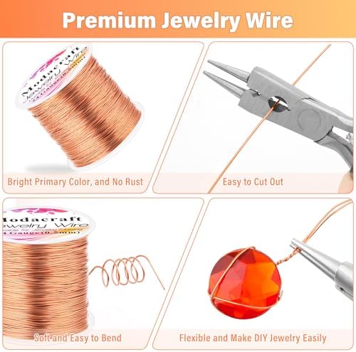 Modacraft 24 Gauge Copper Wire for Jewelry Making - 214FT/0.5mm Tarnish-Resistant Craft Wire with Multi-Functional Pliers - Perfect for DIY Jewelry, Wire Wrapping, Gardening, and Artistic Projects
