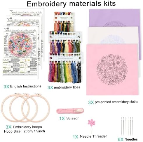 Harimau Beginner Adult Embroidery Kit, All-in-One Starter Pack with 3 Patterns, 3 Hoops, Scissors, Needles, Instruction Manual & Stitching Video Guides