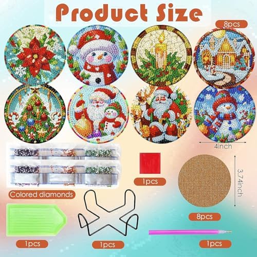 ijbnhd Christmas Diamond Art Coasters, 8 PCS, 4x4 inch