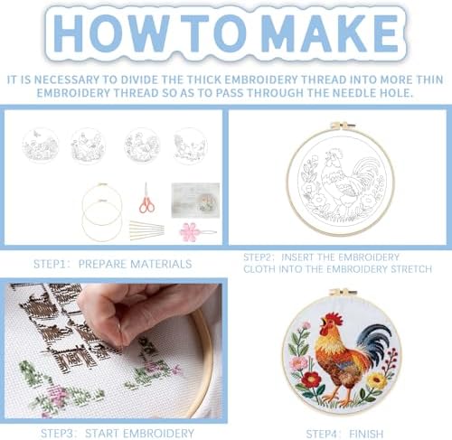 FREEBLOSS 4 Sets Embroidery Kit for Beginners Needlepoint Embroidery Starter Kit with Chicken Theme Stamped Patterns, Instructions, Colored Threads, 2 Hoops 11.6"/29.5cm