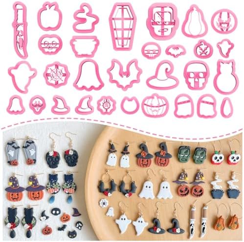 Keoker Halloween Polymer Clay Cutters, Polymer Clay Cutters Halloween, 30 Shapes Halloween Clay Cutters for Earrings, Pumpkin Clay Cutters for Polymer Clay Jewelry, Mini Clay Cutters