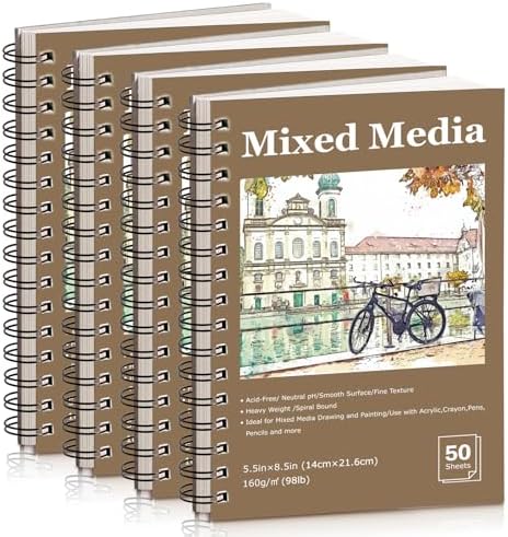 4 Pack Mixed Media Sketchbook, Spiral Bound, 200 Sheets Small Sketchbooks