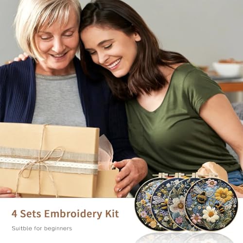 LB 4 Pack Yellow Bee Floral Embroidery Kit for Beginners Green Plant Beginner Embroidery Kit for Adults DIY Starter Kit with Embroidery Hoop Colorful Threads Tools Step by Step Instructions