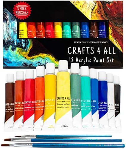 Crafts 4 All Acrylic Paint Set - Art Paints for Canvas, Model Painting, Wood, Ceramics and Fabric - Craft Supplies with 3 Artist Brushes for Adults & Kids﻿, 12 Pack, 12mL