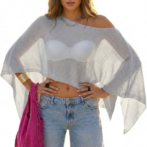 MAKABO Women's Crochet Sheer Poncho Top Lightweight Sparkly Shrug Pullover Knit Bolero Sweater Cover Up Beachwear