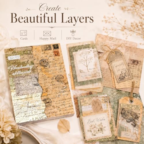 160 Sheets Vintage Scrapbook Paper Pack, Lightweight Decorative Paper Unique Designs, Junk Journal Supplies for Scrapbooking, Journaling, Decoupage, Collage, Card Making and DIY Crafts