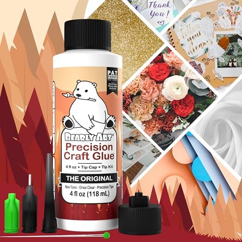 Bearly Art Precision Craft Glue Original 4 fl oz with Tip Kit Archival | Acid Neutral Archival Safe, Dries Clear, Freeze stable, Wrinkle & Crack Resistant, Strong Flexible Hold Formula, Made in USA