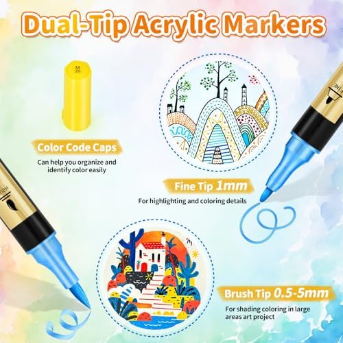 IVSUN 30 Metallic & 30 Regular Colors Dual Tip Acrylic Paint Markers | Works on Black Paper, Photo Album, Rock Painting, Wood, Card Making, DIY Crafts, Scrapbook Supplies