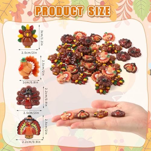 JUNEBRUSHS 50 Pcs Thanksgiving Turkey Charms, Mini Resin Turkey Flatback Turkey Embellishment for Fall Thanksgiving DIY Crafts Home Table Decorations